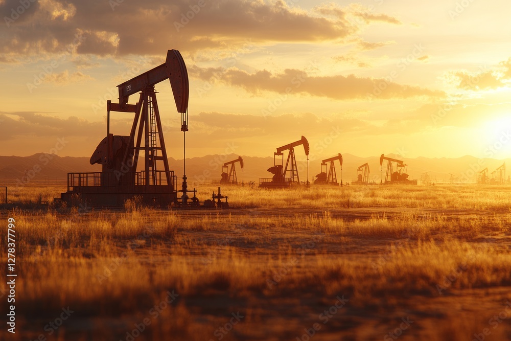 Oil pumps extracting crude oil across barren desert landscape, silhouetted against fiery sunset sky, symbolizing industrial energy extraction and persistent resource exploration