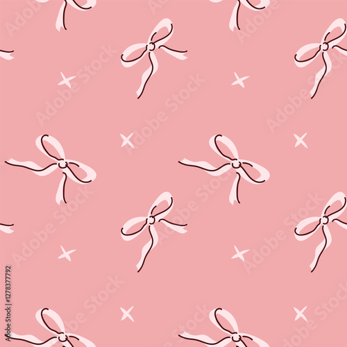 Pink pattern with cute bows and stars on soft background.