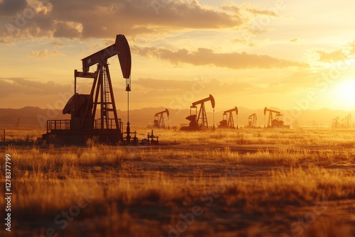 Obraz na płótnie Oil pumps extracting crude oil across barren desert landscape, silhouetted against fiery sunset sky, symbolizing industrial energy extraction and persistent resource exploration w salonie