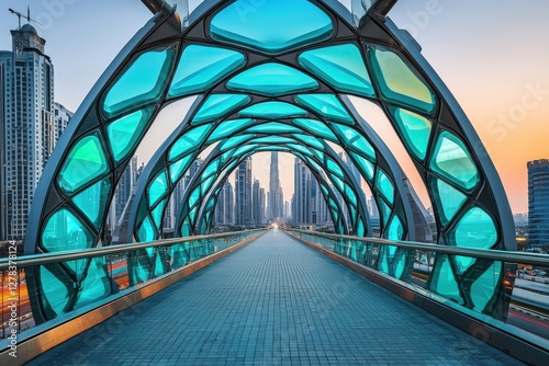 Stunning futuristic bridge architecture in Dubai, UAE. Modern design, teal glass panels, cityscape background.  Perfect for travel, architecture, and urban design projects.