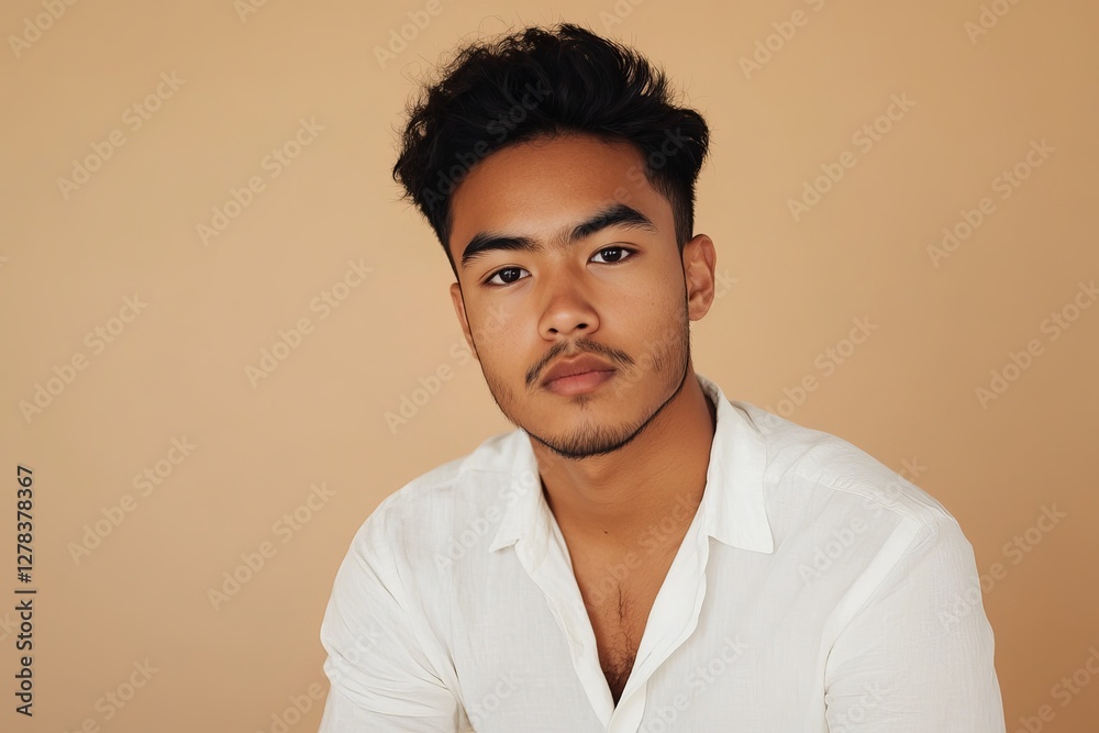Obraz premium Portrait of a Young Handsome Man with Dark Hair Wearing a Stylish White Shirt on a Beige Background Studio Shot Male Model Fashion Photography guy 