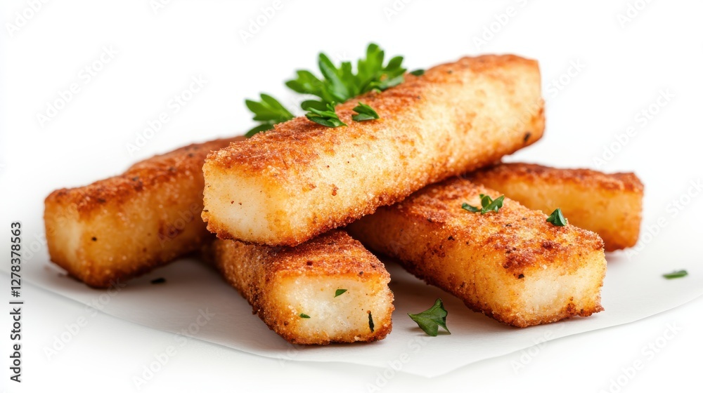 Crispy fish fingers served with fresh parsley on a white backdrop Crispy fish fingers served with fresh parsley on a white backdrop