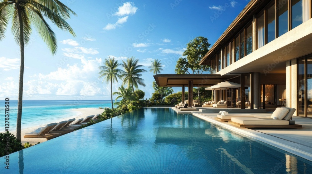 Luxury beachfront villa with infinity pool, palm trees, and ocean view. Luxury beachfront villa with infinity pool, palm trees, and ocean view.