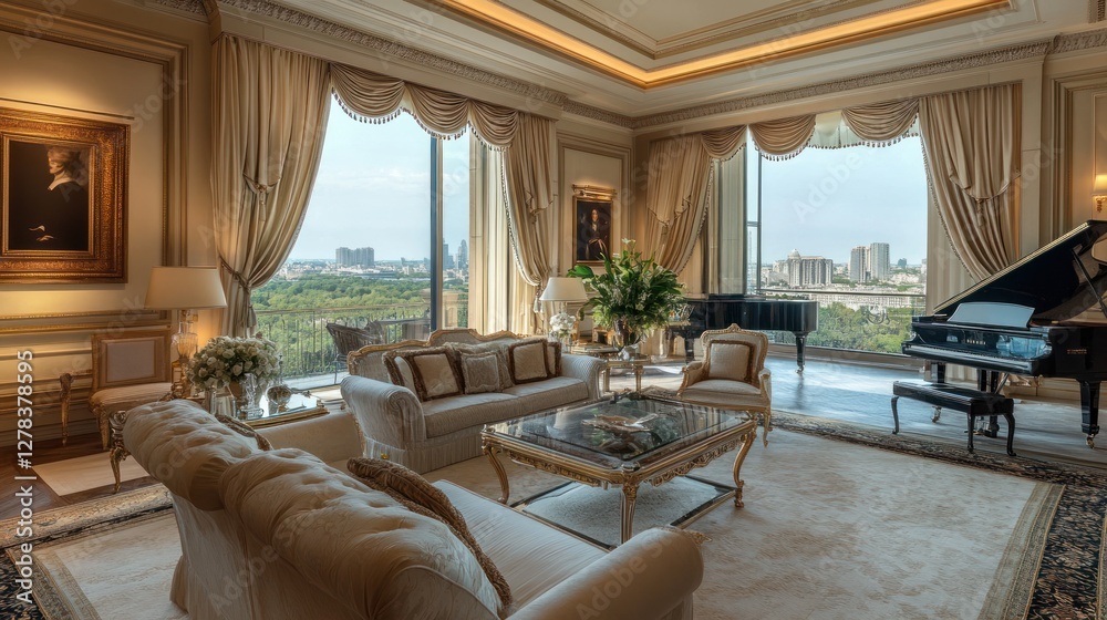 Obraz premium Luxurious apartment living room with grand piano, city view, and elegant furniture.