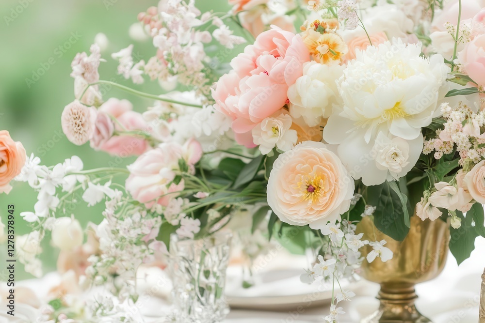 elegant floral arrangement featuring peonies, ranunculus, and delicate wildflowers in muted pastel tones, arranged in vintage brass vase elegant floral arrangement featuring peonies, ranunculus, and delicate wildflowers in muted pastel tones, arranged in vintage brass vase