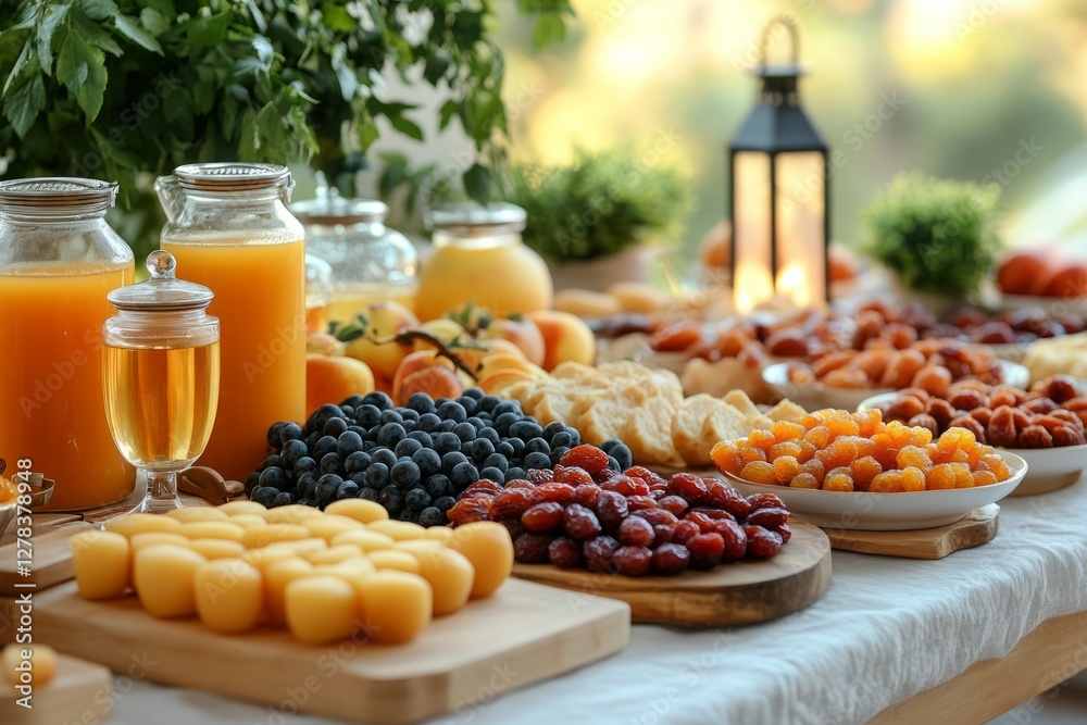 Iftar table displaying traditional ramadan delicacies, fruits, juices spreading warmth and hospitality for evening meal's sacred moment