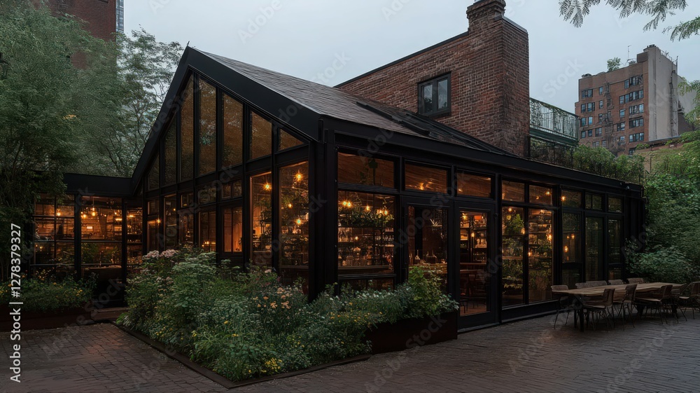 Modern Glass Conservatory Restaurant at Dusk Modern Glass Conservatory Restaurant at Dusk