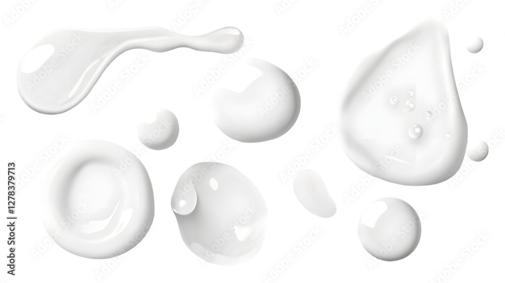 Abstract image of white paint splatters and blobs on a transparent background.  Various shapes and sizes are shown, PNG