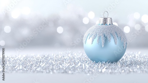 Festive blue christmas ornament holiday decor setting still life photography soft focus seasonal vibes