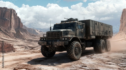 Military cargo truck driving on a desert road.