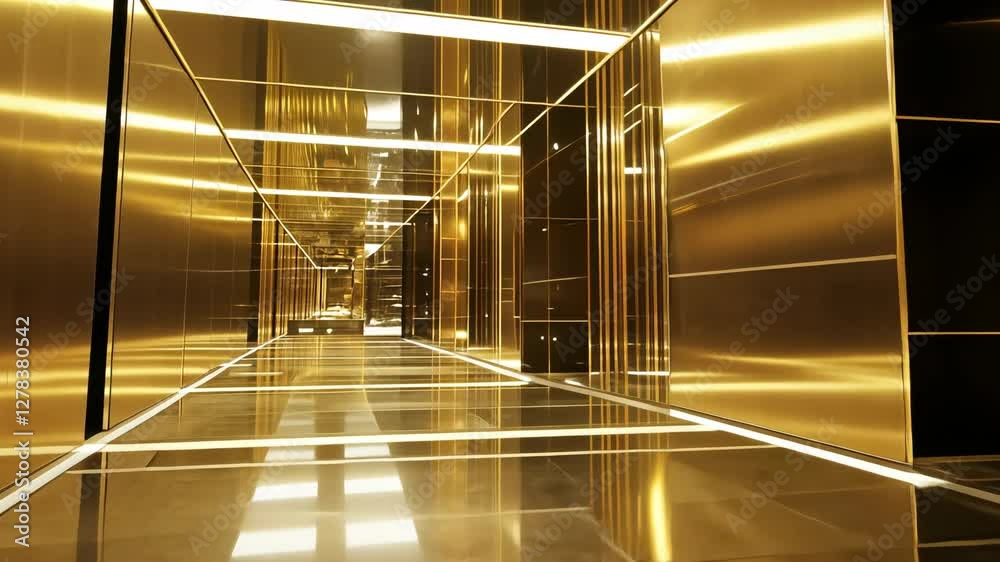 Modern hallway designed with reflective surfaces and golden tones, creating a dazzling architectural feature in a stylish venue