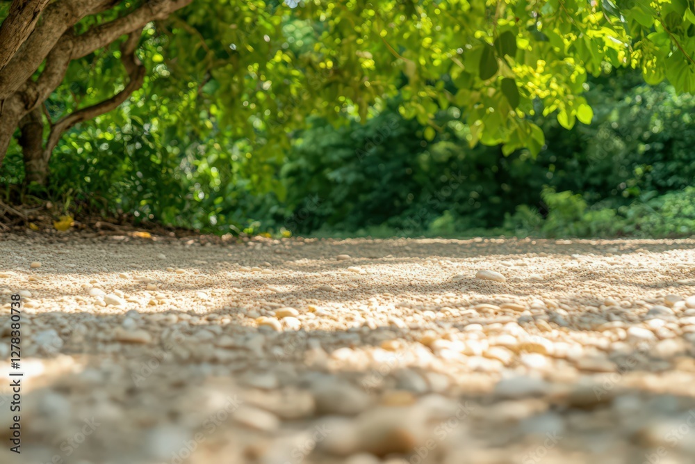 Sunlight Dappled on Beige Pebbles Under Lush Green Foliage Sunlight Dappled on Beige Pebbles Under Lush Green Foliage
