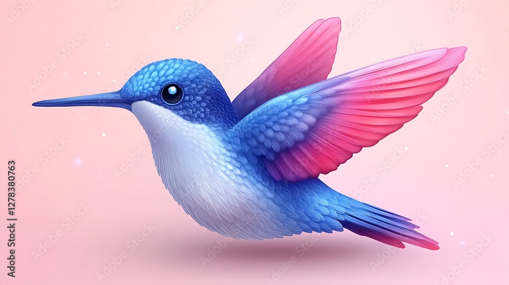 Fototapeta premium A colorful hummingbird with pink and blue wings against a light pink background