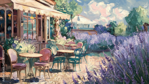 impressionistic painterly style loose painting of  garden cafe with lavender flower