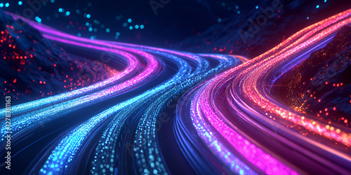Vibrant neon roads curving in a digital landscape, with glowing data particles floating through the scene