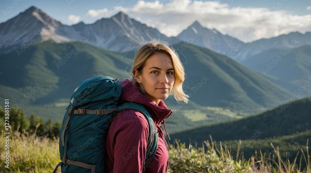 Naklejka premium Solo Traveler: Woman with Backpack Trekking Through Scenic Mountain Trails in Stunning Landscape