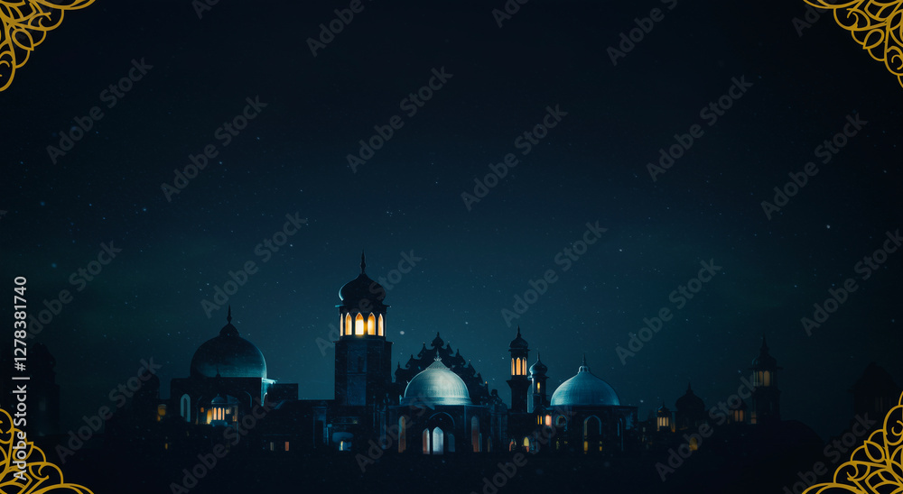 Obraz premium Mosque, silhouette and domes at night with Islamic architecture, Ramadan celebration and spiritual ambiance. Traditional minarets and golden ornaments for religious holiday, prayer and cultural herita
