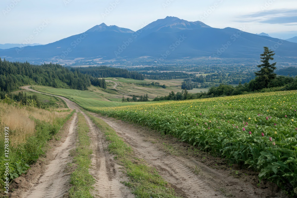 Naklejka premium Dirt Road Through Wildflower Field Leading to Mountain Range