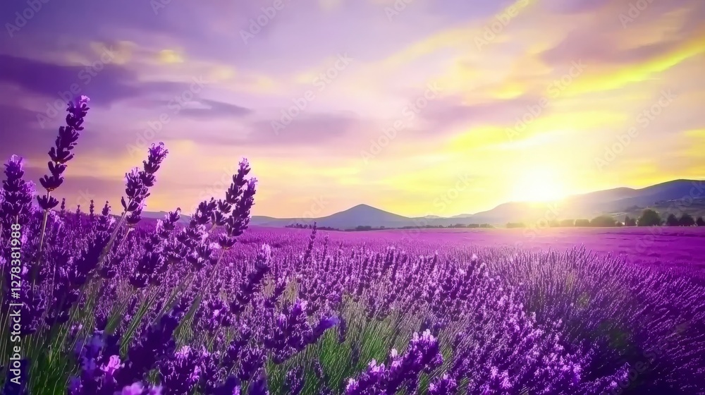 Fototapeta premium A breathtaking lavender field at sunrise. A picturesque view of a purple flower field bathed in golden sunlight. Nature's beauty at its finest.