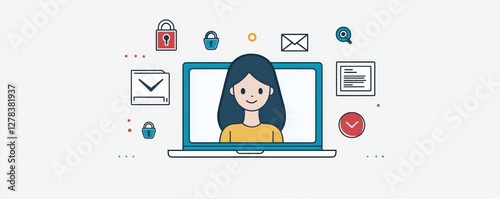 Flat  illustration of online security and communication on a laptop screen