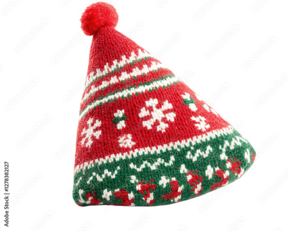 Festive Christmas party hat with red and green patterns, featuring snowflakes and pom pom on top, perfect for holiday celebrations and gatherings Festive Christmas party hat with red and green patterns, featuring snowflakes and pom pom on top, perfect for holiday celebrations and gatherings