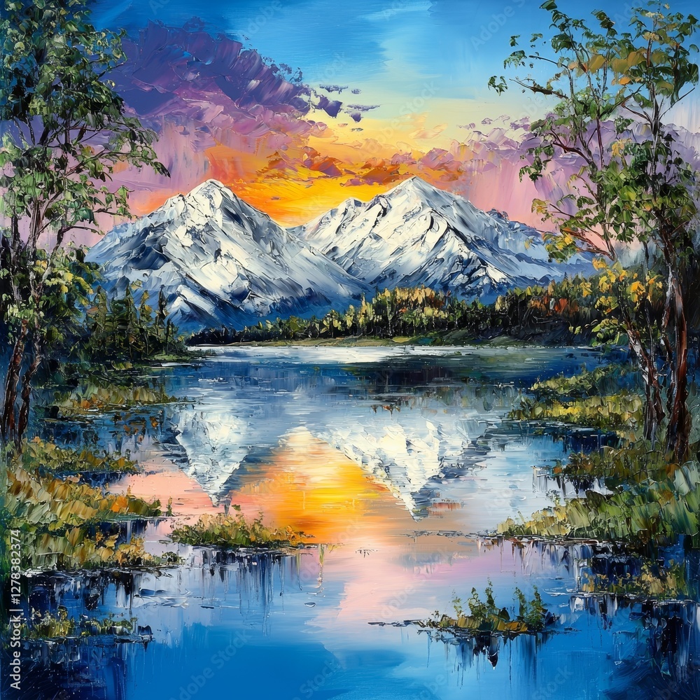 Obraz premium Serene sunset reflection over alpine lake majestic mountains nature scene tranquil environment wide viewpoint