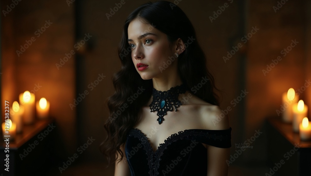 Fototapeta premium Elegant portrait of a young woman in a black velvet dress against a Gothic backdrop illuminated by candlelight 