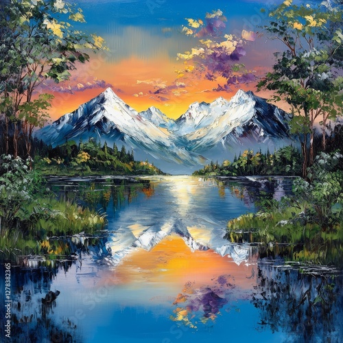 Majestic sunrise over mountains and lake nature scene serene environment vibrant reflection