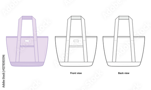 Carryall Tote Bag Technical Fashion Illustration. Handbag Vector Template. Front and Back View. Reinforced Shoulder Straps. Large Front Pocket. Women’s Fashion Accessory. CAD Mockup set