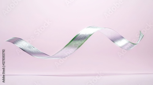 Elegant silver ribbon in motion minimalist studio setting abstract art photography soft colors floating viewpoint