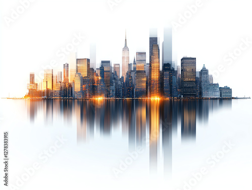 Panoramic view of Manhattan illuminated skyline reflecting on water, showcasing modern architecture and vibrant city lights. stunning urban landscape at dusk