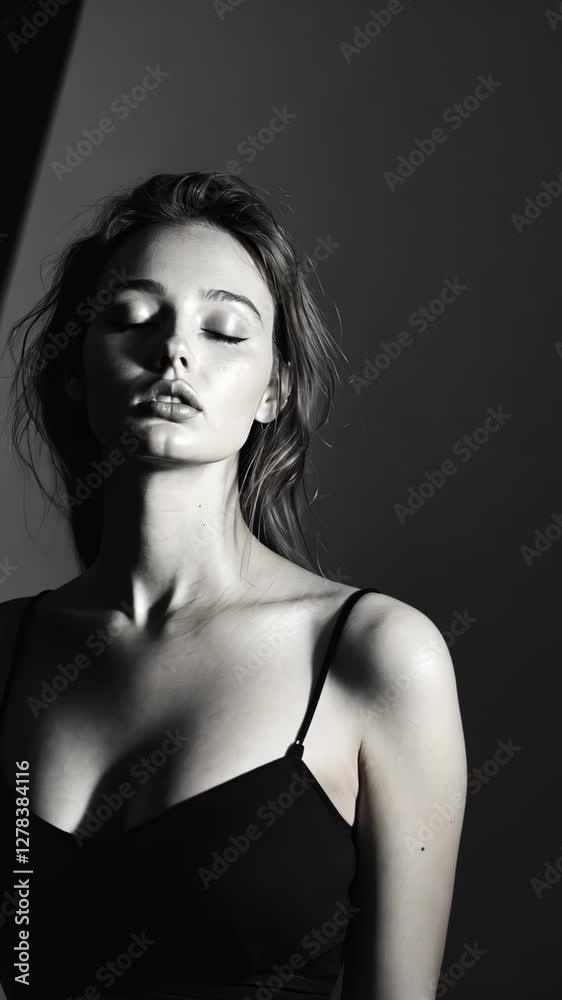 Woman in black bra posing with closed eyes, light beam casting dynamic shadows across long brown hair and pale skin Woman in black bra posing with closed eyes, light beam casting dynamic shadows across long brown hair and pale skin