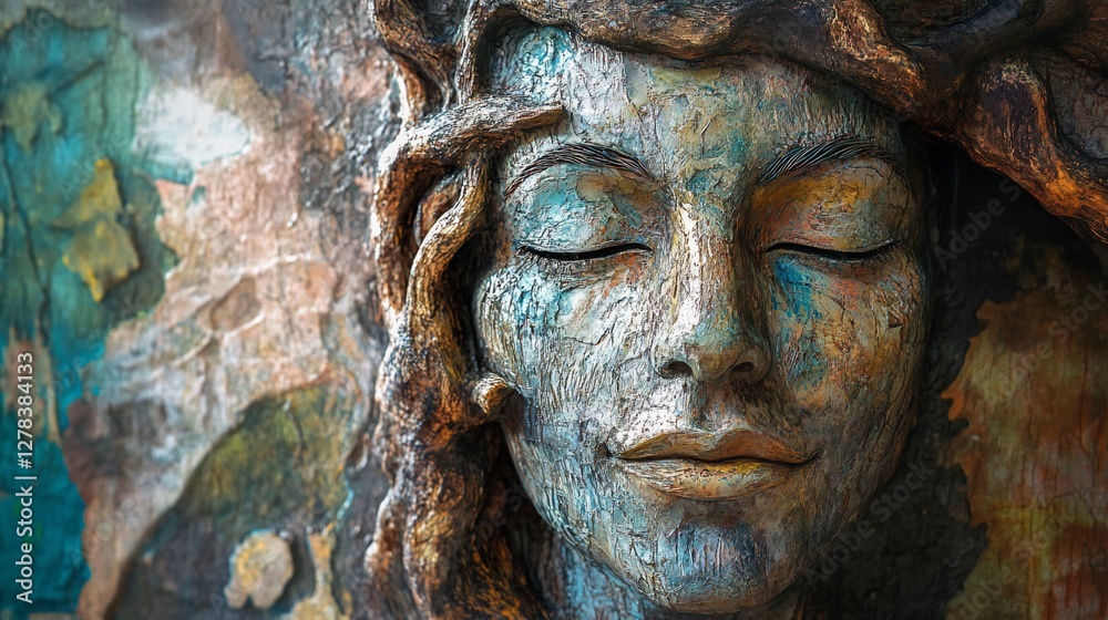 Serene woman's face sculpted in wood and paint, eyes closed, nature theme. Serene woman's face sculpted in wood and paint, eyes closed, nature theme.