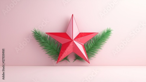 Decorative red star with green foliage minimalist background festive atmosphere artistic viewpoint