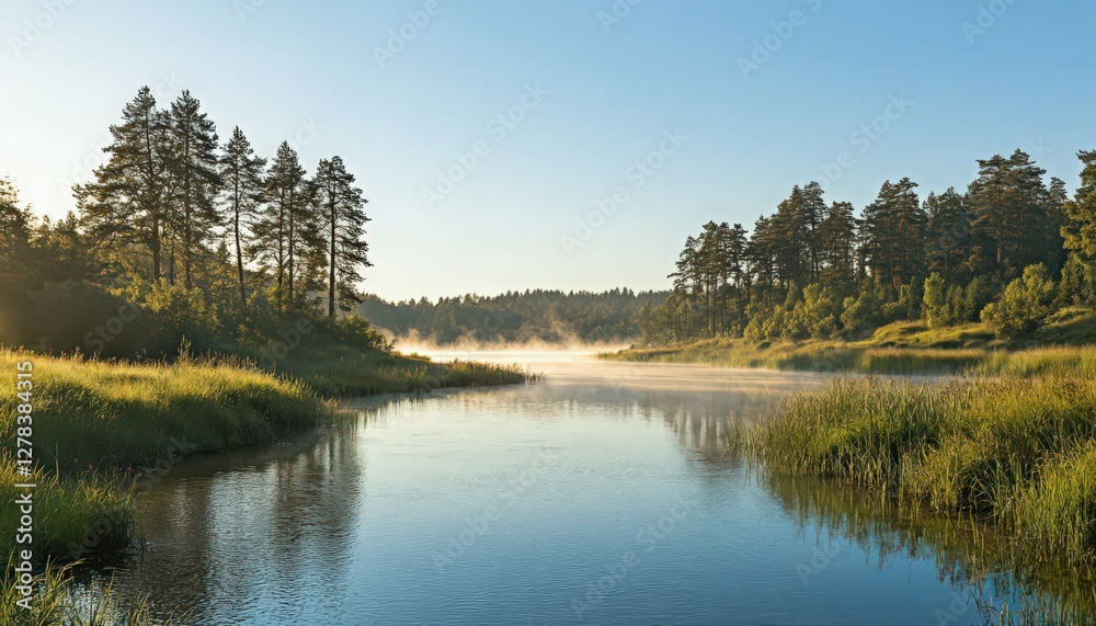 Sunrise over Calm Lake with Mist and Pine Trees