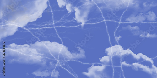 Abstract thunder electric blue lightning bolts against blue, white background dynamic natural phenomenon. Blue lightning strike during an electrical storm. Lightning on the sky with stormy clouds. 