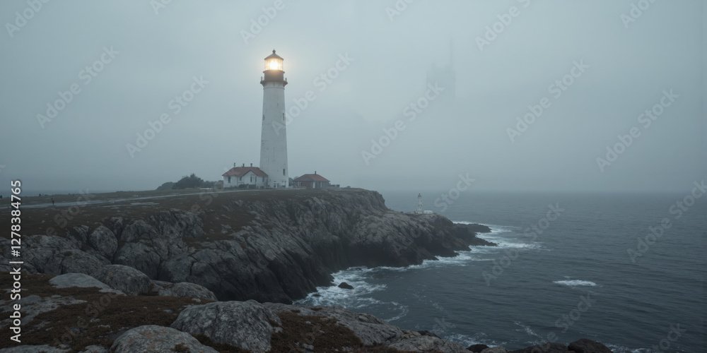 Mysterious lighthouse in coastal fog for maritime and navigation visuals. A tall, white lighthouse stands alone on a rugged rocky coastline, enveloped Mysterious lighthouse in coastal fog for maritime and navigation visuals. A tall, white lighthouse stands alone on a rugged rocky coastline, enveloped