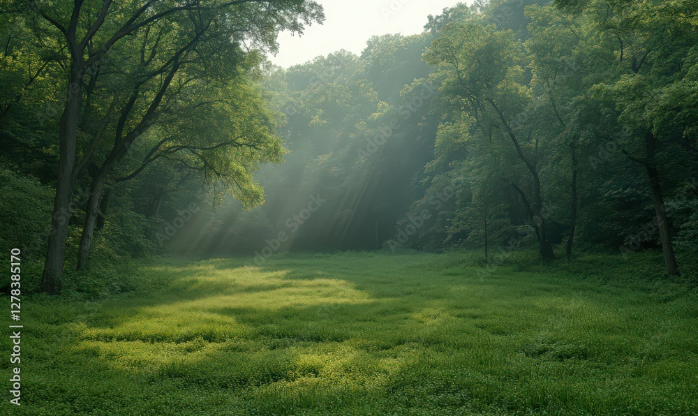 Obraz premium Sunlit Green Forest Clearing Peaceful Summer Morning Landscape