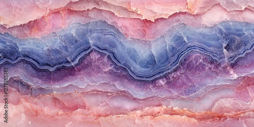 A mesmerizing mineral rock with hues of pink, purple, and blue boasts intricate wavy patterns cascading diagonally across its captivating surface photo