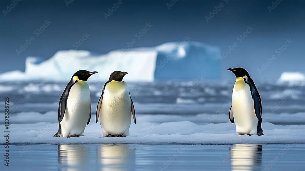 Obraz premium Three Emperor Penguins stand on ice with an iceberg background and ocean reflection