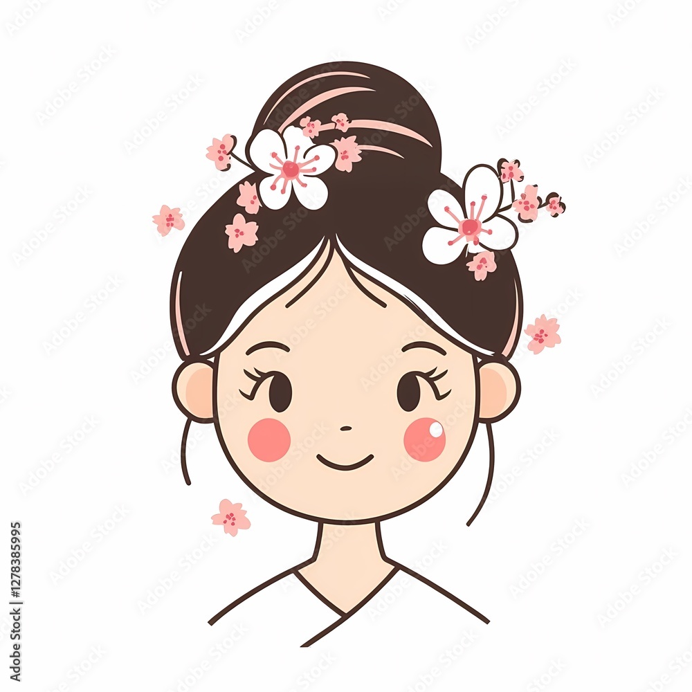 Cute South Korean-style girl with cherry blossoms in her hair, simple and stylish vector art.
Cute South Korean-style girl with cherry blossoms in her hair, simple and stylish vector art.