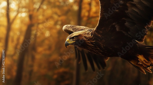 A golden eagle flying through the autumn forest with its wings spread, capturing the beauty of fall and the essence of freedom in nature's vivid warm hues. photo