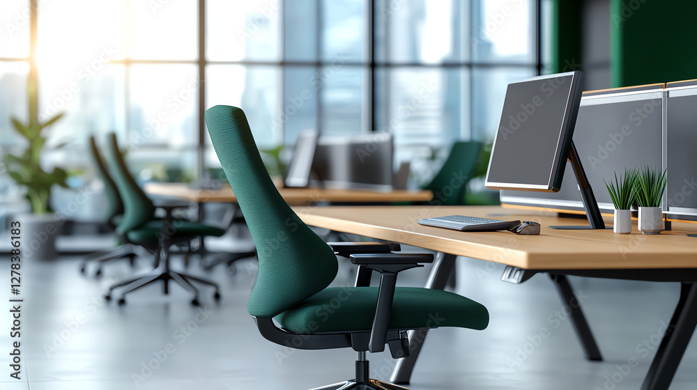 custom made wallpaper toronto digitalModern office interior with green chairs, wooden desks, and large windows. workspace is bright and inviting, featuring plants and sleek design that promotes productivity