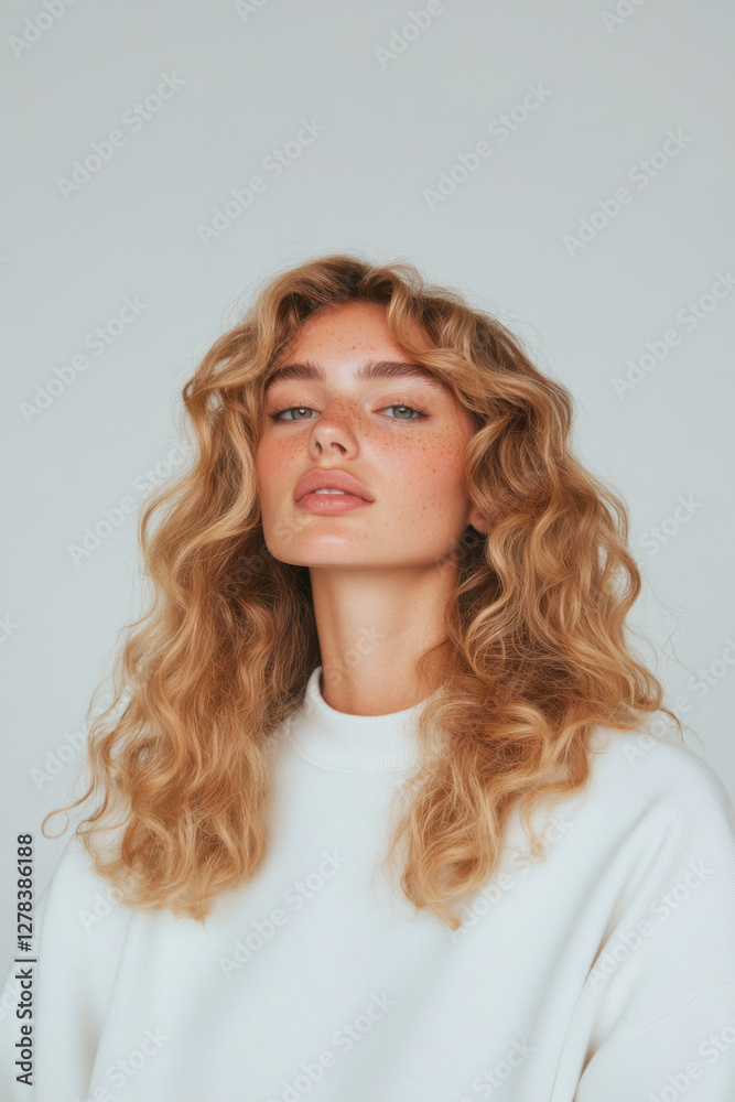 Blonde model posing with long wavy hair and freckles showing natural beauty Blonde model posing with long wavy hair and freckles showing natural beauty