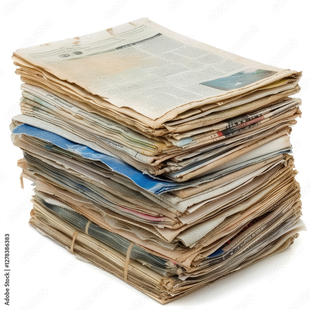 Stack newspapers recycling isolated knowledge document white background.