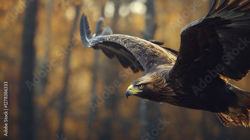 A golden eagle in mid-flight above the autumn forest, showcasing its strength and grace as it soars through the crisp air with the vibrant fall colors in the background. photo