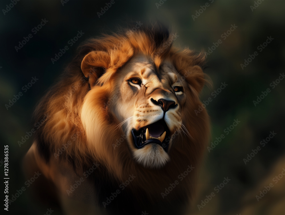 Fototapeta premium Stunning close-up headshot portrait of a roaring alpha male lion, showcasing its fierce power and dominance, with a thick, golden mane and huge canines, embodying the majestic king of the wild