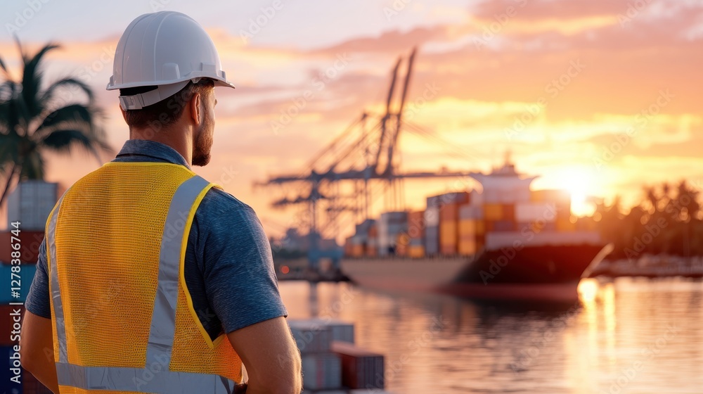 Foreman overseeing loading process at cargo freight dock during sunset Foreman overseeing loading process at cargo freight dock during sunset