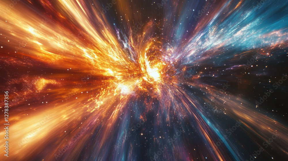 Obraz premium Avibrant,abstractdepictionofacosmicevent,possiblyasupernovaornebula,featuringintenseburstsoflightandcolor.