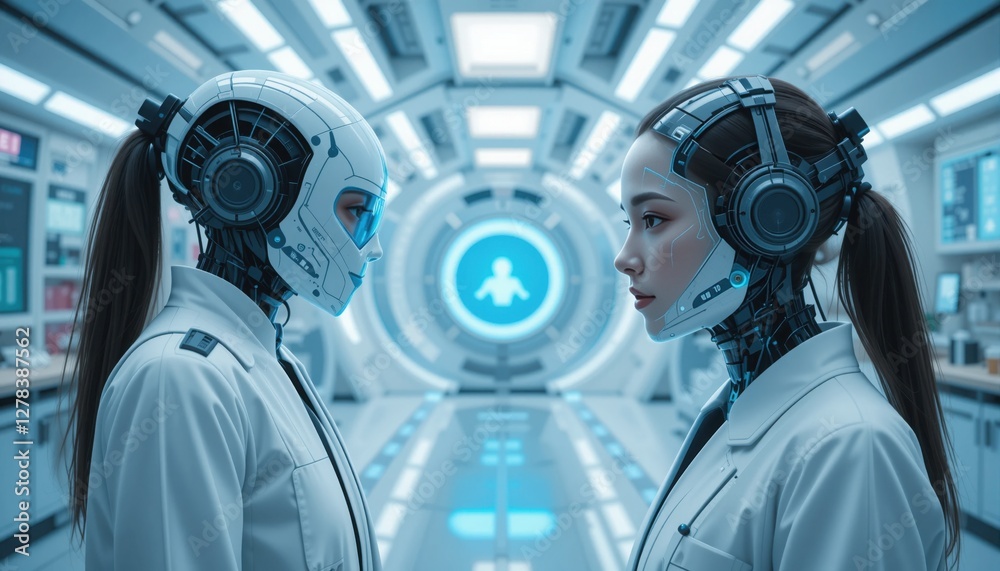 Two advanced humanoid robots in lab coats stand face to face, engaged in a thoughtful dialogue. Their futuristic design contrasts with the sterile backdrop of a glowing laboratory Two advanced humanoid robots in lab coats stand face to face, engaged in a thoughtful dialogue. Their futuristic design contrasts with the sterile backdrop of a glowing laboratory